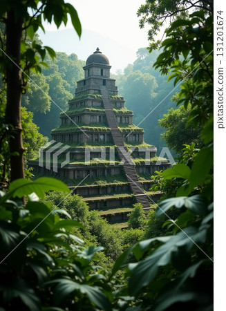 Amidst the dense forest, an ancient pyramid-shaped temple rises majestically, enveloped in vibrant greenery, illuminated by gentle morning light. Steps lead to its serene summit Generative AI 131201674