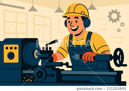 Factory worker operating lathe machine 131201693