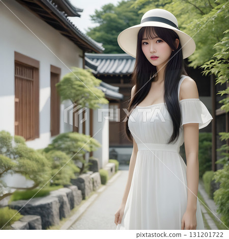 戴著草帽的年輕女子在日式小路擺姿勢 131201722