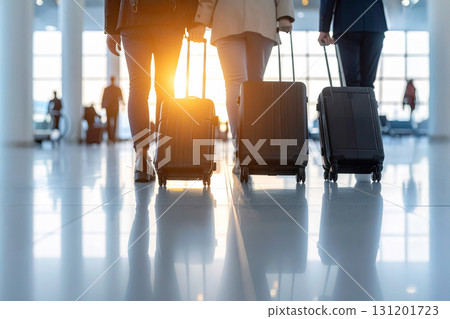 Travelers with luggage walk through an airport terminal towards their destination.. Travelers with luggage walk through an airport terminal towards their destination.. 131201723