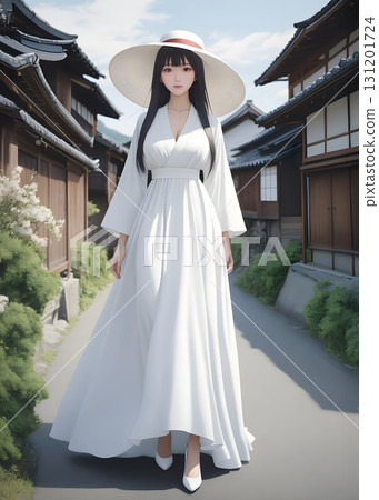 一位身穿白色長裙的高個子女子走在瓦片屋頂房屋之間的小巷裡 131201724