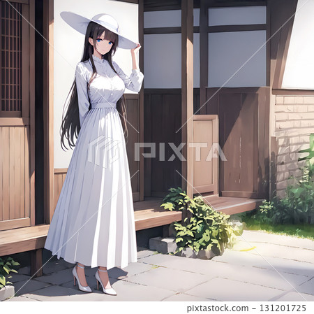 一位長髮、藍眼睛、黑髮的女子身穿連身裙,在後院的陽台前擺姿勢 一位長髮、藍眼睛、黑髮的女子身穿連身裙,在後院的陽台前擺姿勢 131201725