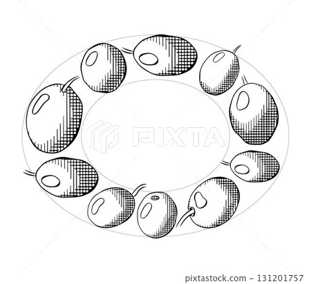 Olive black berry Oval template. Vector graphic line ink Black and white illustration. Fruitless rosemary, bay leaf circle frame for card, food cosmetic label Isolated line art from background Olive black berry Oval template. Vector graphic line ink Black and white illustration. Fruitless rosemary, bay leaf circle frame for card, food cosmetic label Isolated line art from background 131201757