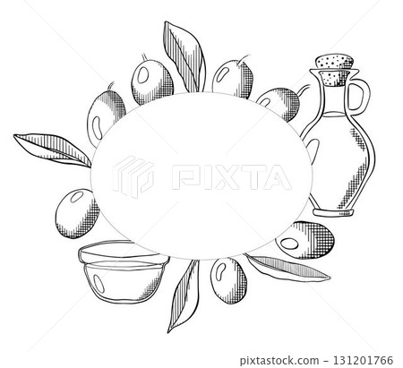 Olive oil, green berry and leaves Oval frame template. Vector graphic line ink Black and white illustration. Leaves and berry round frame. Extra virgin olive oil emblem, logo. 131201766