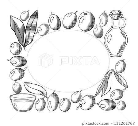 Olive oil, green berry and leaves Oval rectangle frame template. Vector graphic line ink Black and white illustration. Banner, poster, wrapping paper, sticker, print, modern textile design. Olive oil, green berry and leaves Oval rectangle frame template. Vector graphic line ink Black and white illustration. Banner, poster, wrapping paper, sticker, print, modern textile design. 131201767
