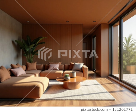 A spacious living area blends earthy tones with modern design, showcasing plush seating and large windows inviting warm sunlight and outdoor greenery, perfect for relaxation Generative AI 131201771