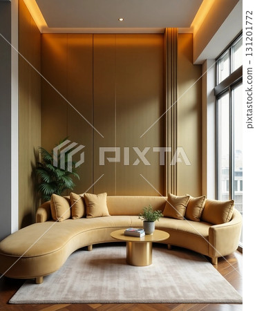 A stylish living room features a gold-hued curved sofa adorned with plush cushions, a minimalist coffee table, and a touch of greenery, radiating warmth and sophistication Generative AI 131201772