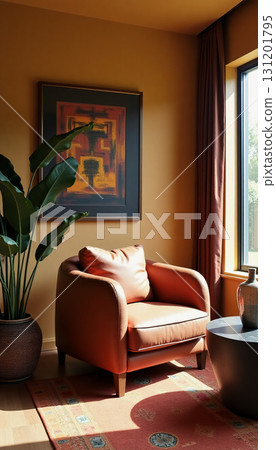 A warm-toned living area features a stylish brown armchair next to a large window, adorned with a striking piece of art and accompanied by a green plant, creating a peaceful retreat Generative AI 131201795