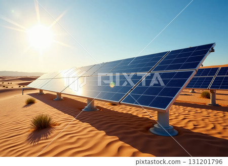 Rows of solar panels capture the intense solar energy in a sprawling desert, standing resilient against the warm afternoon sun with gentle sand dunes in the background Generative AI 131201796
