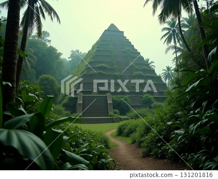A majestic pyramid stands tall amidst thick vegetation, with steps leading up to ancient doorways. The atmosphere is mystical, shrouded in soft mist. Nature flourishes around the ruins Generative AI 131201816
