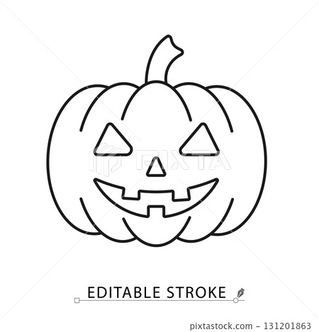 A Halloween pumpkin icon in a minimalist line style with editable stroke. Jack o lantern carving, spooky autumn vegetable, scary face decoration, october holiday symbol, evil smile tradition. 131201863