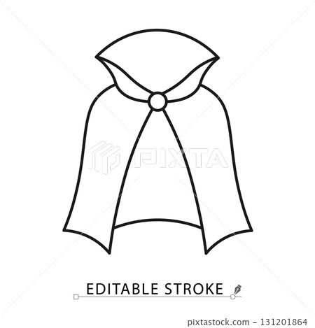 A vampire cape icon in a minimalist line style with editable stroke. Dracula costume, gothic cloak, halloween party garment, fantasy villain clothing, horror monster mantle, carnival accessory. 131201864