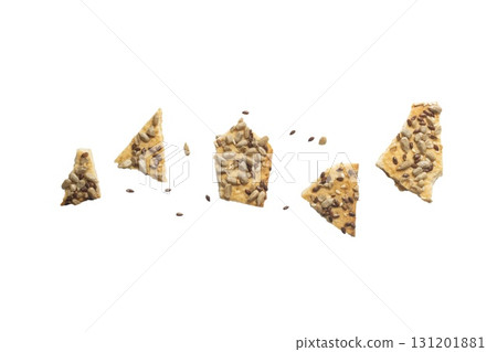 Stacked flax and sunflower seed cookies isolated on a white background are perfect for snack branding, packaging visuals, 131201881