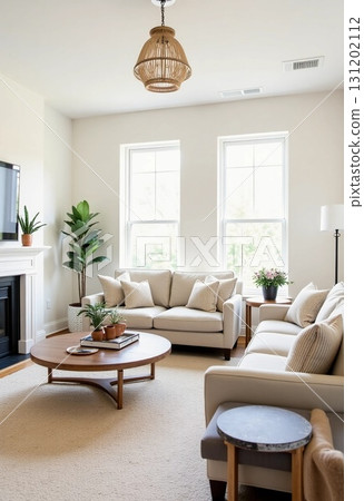 A bright living space exudes comfort with neutral tones. Plush sofas invite relaxation, while greenery enhances the warm atmosphere, perfect for casual gatherings or quiet moments Generative AI A bright living space exudes comfort with neutral tones. Plush sofas invite relaxation, while greenery enhances the warm atmosphere, perfect for casual gatherings or quiet moments Generative AI 131202112