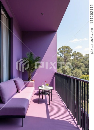 A stylish balcony adorned in shades of purple features a comfortable couch, a small table with refreshing drinks, and vibrant greenery nearby, creating a serene atmosphere Generative AI 131202113