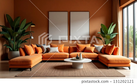 A stylish living space showcases a vibrant orange sectional sofa adorned with pillows, accompanied by large lush plants and minimal decor that enhances comfort Generative AI 131202121