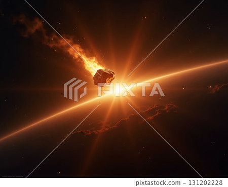 A colossal asteroid streaks across the cosmos, trailing flames as it approaches a radiant planet Generative AI 131202228