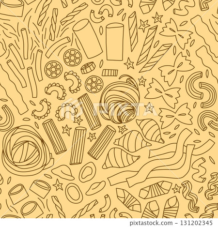 Monochrome yellow pattern of different types of paste, spirals and ribbons, in cartoon style Monochrome yellow pattern of different types of paste, spirals and ribbons, in cartoon style 131202345