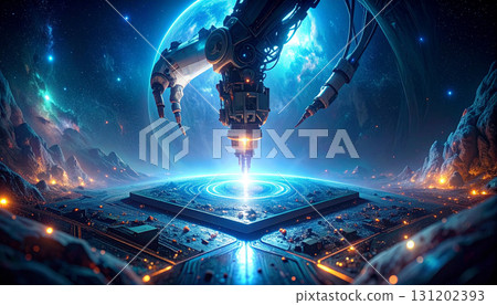 AI Controlled Robotic Arm Working on Circuit Board. AI themed Background. Generated Image 131202393