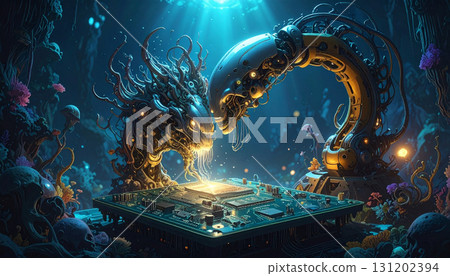 AI Controlled Robotic Arm Working on Circuit Board. AI themed Background. Generated Image 131202394