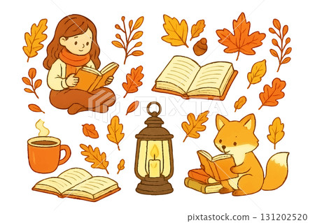 Autumn illustration with a girl reading a book and a fox 131202520
