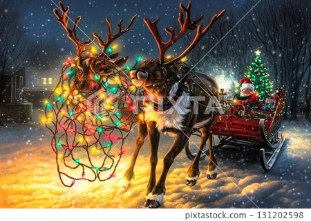 Reindeer caught in colorful Christmas lights while pulling a sleigh near a decorated Christmas tree 131202598