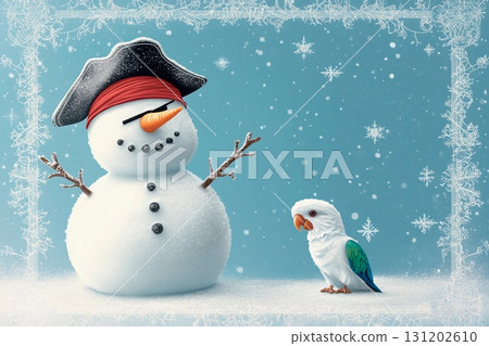 Snowman dressed as a pirate with an eyepatch and parrot in a winter wonderland 131202610