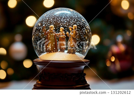 Antique snow globe radiates an eerie glow while showcasing a festive winter scene Antique snow globe radiates an eerie glow while showcasing a festive winter scene 131202612