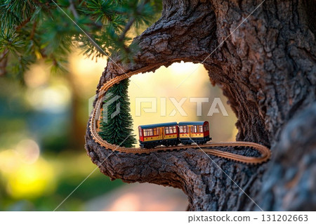 Tiny model train travels through a tree, creating a whimsical forest journey in natural light 131202663
