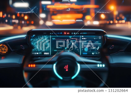 Futuristic car heads-up display showcasing speed and navigation in a vibrant urban setting 131202664