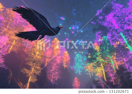 Giant bird soars above vibrant forest filled with colorful trees and magical atmosphere in daytime Giant bird soars above vibrant forest filled with colorful trees and magical atmosphere in daytime 131202671