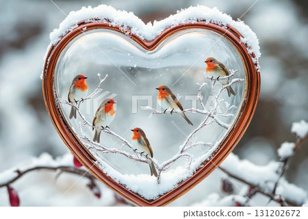 Heart-shaped snow globe showcases two vibrant birds in a winter wonderland setting 131202672