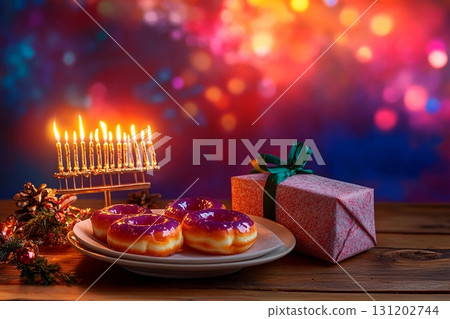Cozy festive Hanukkah display with sufganiot, menorah, and wrapped gifts set against a colorful background 131202744