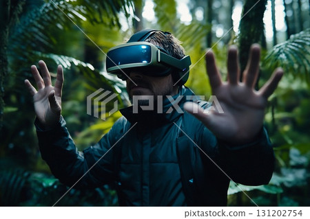 Man using virtual reality headset in a dense forest during a calm afternoon 131202754