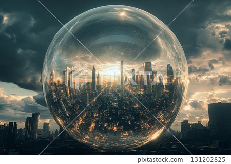 Futuristic city enclosed in a glowing sphere with reflections of skyscrapers and sunset over urban landscape 131202825