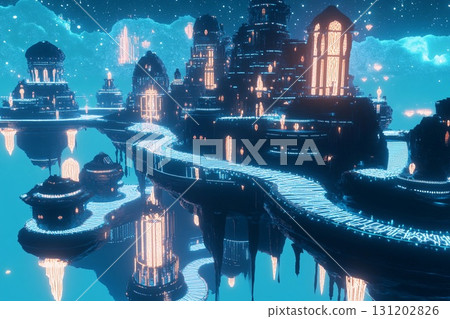 Floating city with geometric design illuminated at dusk above a tranquil landscape Floating city with geometric design illuminated at dusk above a tranquil landscape 131202826