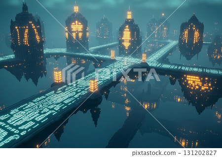Floating city with geometric design illuminated at dusk above a tranquil landscape 131202827