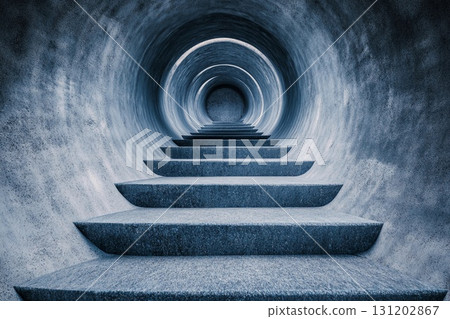 Steps lead into an endless circular tunnel creating a mysterious atmosphere with a sense of depth and intrigue 131202867