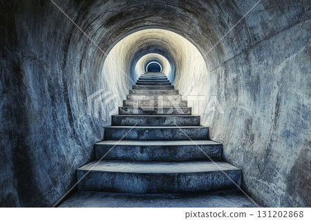 Steps lead into an endless circular tunnel creating a mysterious atmosphere with a sense of depth and intrigue Steps lead into an endless circular tunnel creating a mysterious atmosphere with a sense of depth and intrigue 131202868