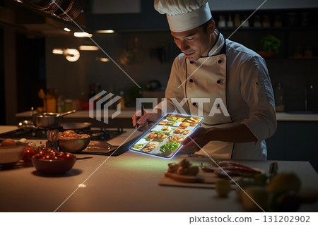 Chef engages with holographic recipe book while preparing meals in a modern kitchen Chef engages with holographic recipe book while preparing meals in a modern kitchen 131202902