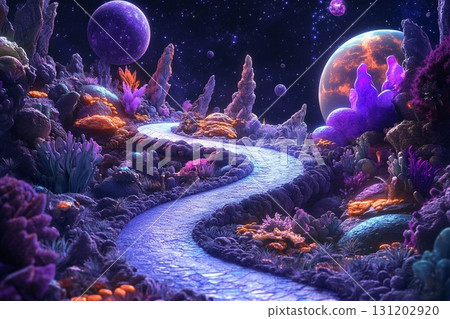 Magical road leads through a cosmic landscape toward distant planets in a starry night sky 131202920