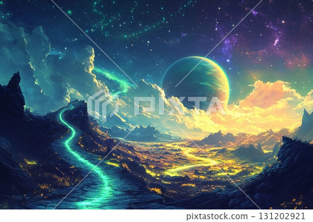 Magical road leads through a cosmic landscape toward distant planets in a starry night sky 131202921