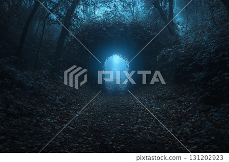 Majestic portal to another world glows amidst ethereal landscape with rolling clouds and sunlit greenery 131202923