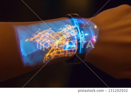 3D holographic map displayed from a wristband illuminates the hand with vibrant city pathways and landmarks during the evening 131202932