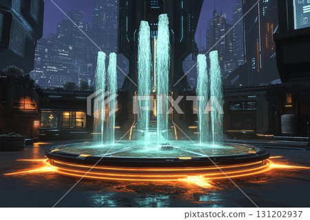 Futuristic plaza featuring a symmetrical fountain illuminated by urban lights in a vibrant cityscape 131202937