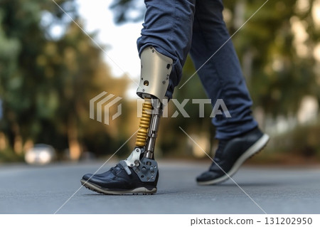 Man confidently walking on the street with a prosthetic leg during a sunny day in an urban environment 131202950