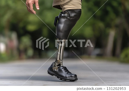 Man confidently walking on the street with a prosthetic leg during a sunny day in an urban environment 131202953