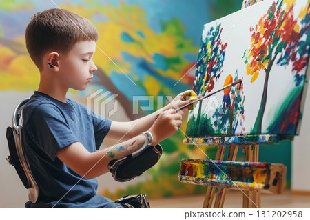 Creative artist with prosthetic arms passionately expresses himself through painting in an art studio space during daytime Creative artist with prosthetic arms passionately expresses himself through painting in an art studio space during daytime 131202958