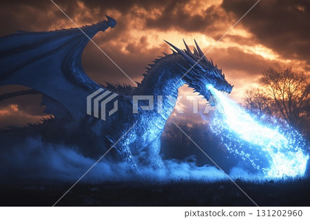 Majestic dragon illuminates the night sky with waves of light, transforming darkness into radiant day 131202960