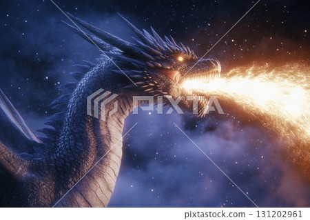 Majestic dragon illuminates the night sky with waves of light, transforming darkness into radiant day 131202961